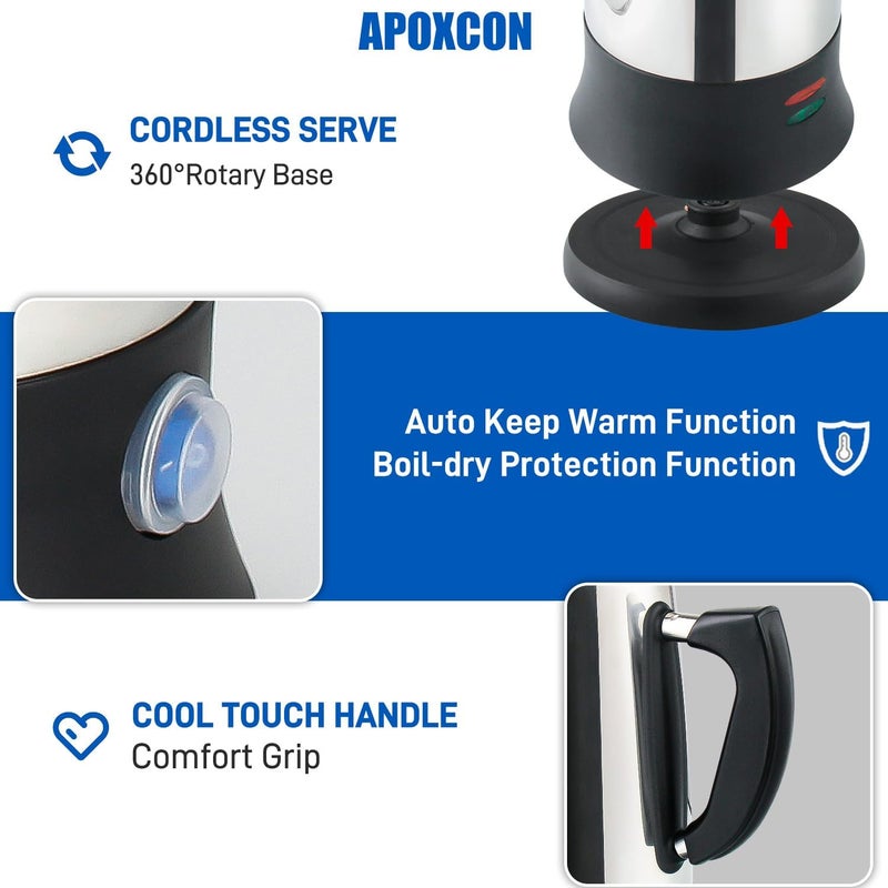 APOXCON Electric Coffee Percolator Stainless Steel Coffee Maker with Heat Resistant Tough Glass Clear Brew Progress Knob, Classic Coffee Pot with Keep Warm Cordless Serve Cool Touch Handle 12 Cup - Image 4